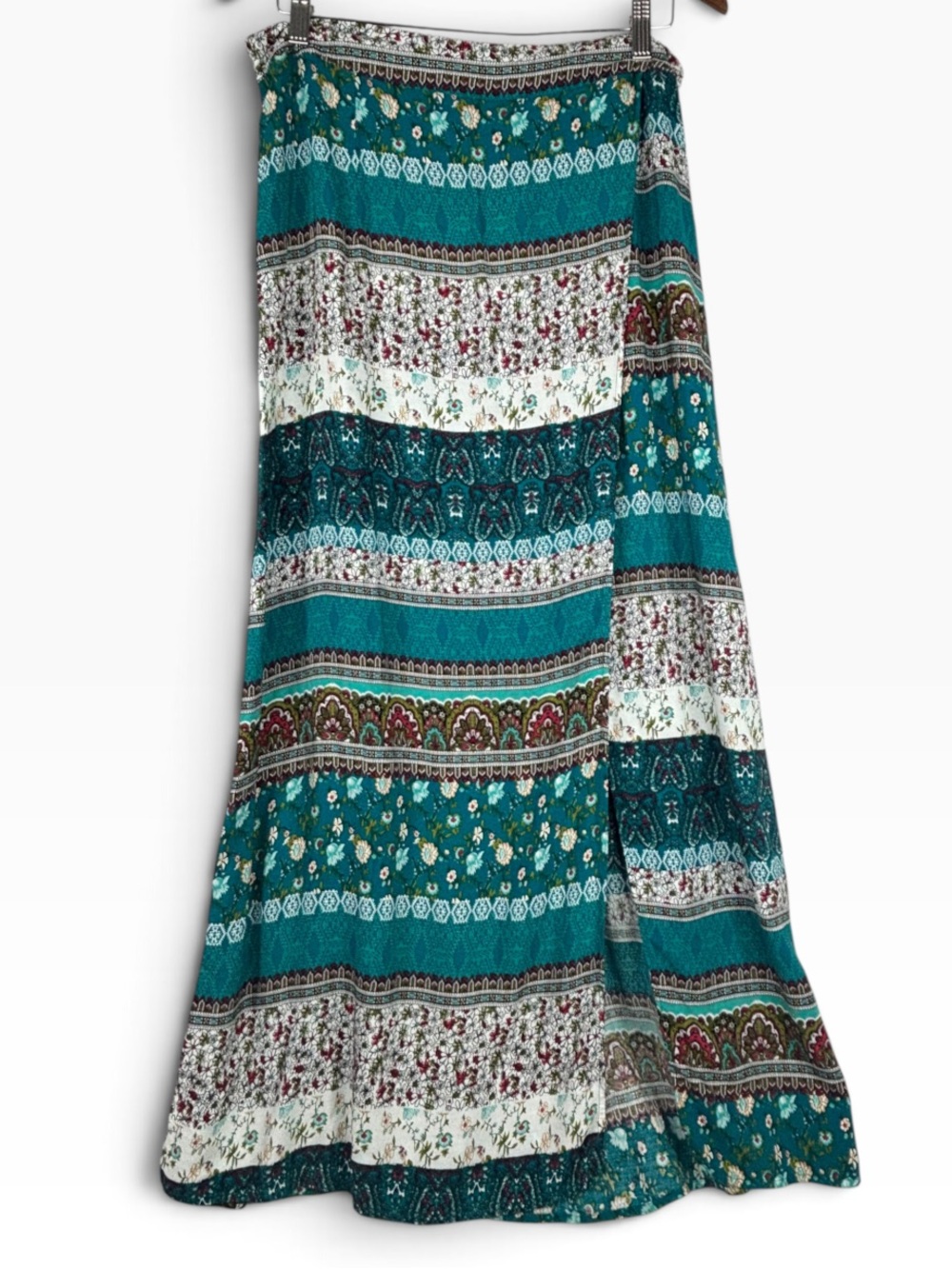 Mixed Floral & Geometric Pattern Horizontal Stripe Maxi Wrap Look Skirt XL